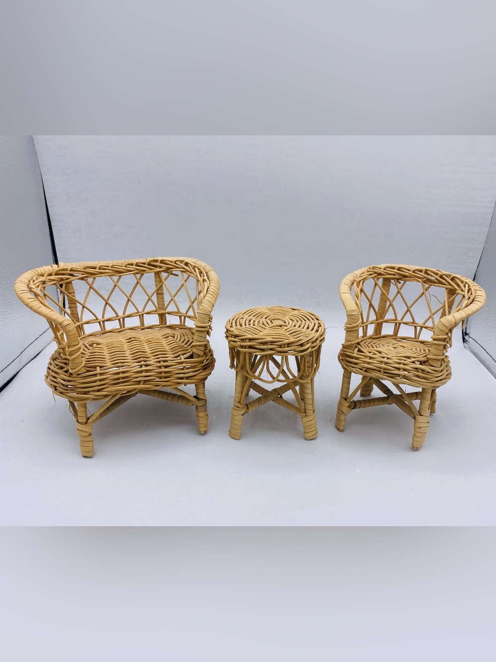 Vintage Miniature Wicker Doll Furniture Set -Mini Loveseat,Chair & Table